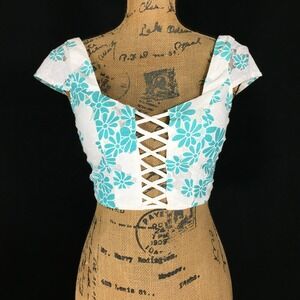 MOOLOOLA‎ Crop Top 8 White Turquoise Floral Mesh Lace Up Bow Tie Bra Sexy